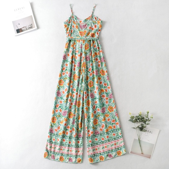 Boho Green Floral Print Wide Leg Belted Jumpsuit - Picture 4 of 6